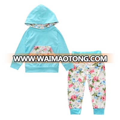 Wholesale Girls 2 Piece Clothing Set Of Flower Blue Cotton Hoodies And Pants