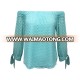 New Fashion 100% Burn Out Chiffon Women Ladies Fancy Casual Office Daily Wear Off Shoulder Long Bow Sleeve Teal Color Blouse