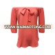 New Fashion Women 100% Polyester Casual Off Shoulder Three Quarter Sleeve Salmon Color Blouse with Front Bow